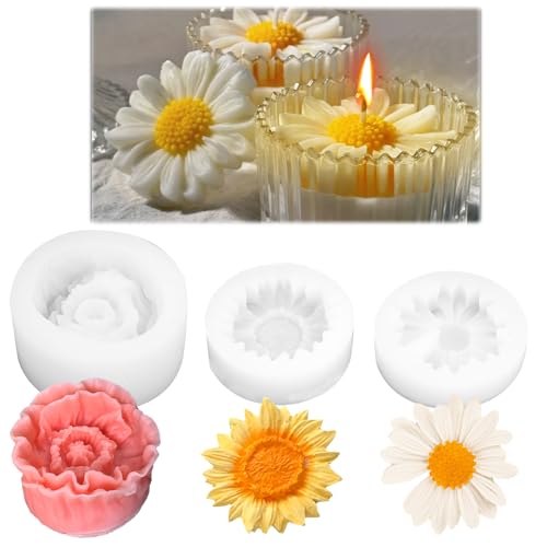 3 Stück Blumen Silikonform 3D Silikonformen Gießformen Kerzen Kerze Blume, Gänseblümchen Kerzen Silikonform Silikonformen Rose Blume Silikonform Kleine Blumen für Kerzenherstellung, Eisbrocken, Gebäck von Rairsky