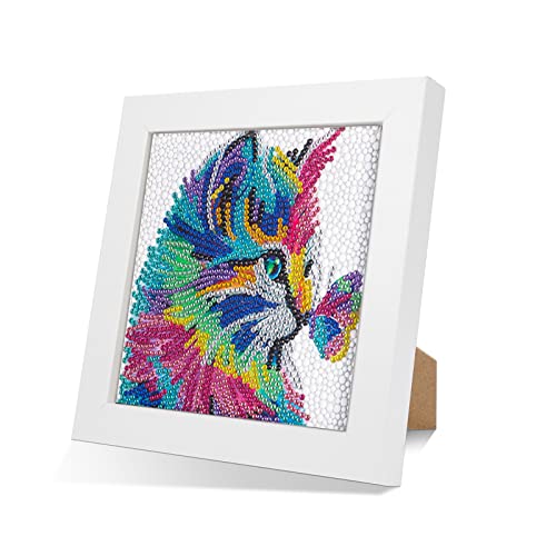 Rairsky 5D Diamond Painting Katze, DIY Diamant Painting Set Katze mit Holzrahmen, 18x18 cm Diamond Painting Kinder Mädchen Arts Craft Diamant Painting Kinder Set für Home Wand Decor Kinder Erwachsene von Rairsky