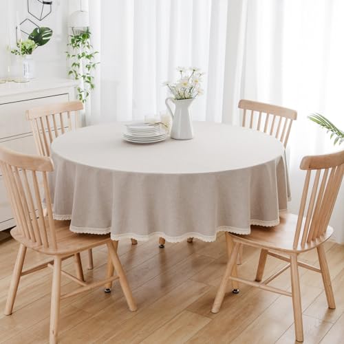 Rakila Runde Tischdecke, Kunstleinen, wasserdicht, mit Spitzenbesatz, für Esszimmer, Küche, Party, 213 cm, Beige Rakila Runde Tischdecke, Kunstleinen, wasserdicht, mit Spitzenbesatz, für Esszimmer, Küche, Party, 213 cm, Beige von Rakila