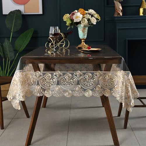 Transparente Kunststoff-Tischdecke, rechteckig, Vinyl, wasserdicht, bestickter Spitzenrand, transparente Tischdecke für Esstisch, Küche, Outdoor-Tisch (132,1 x 177,8 cm, Kaffeestil 1) von Rakila