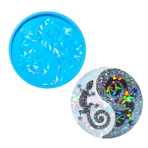 Ralondbey Epoxidharz-Form, Silikonformen für Harzguss, künstlerische Geckos, Silikon-Untersetzer-Form, stabile Silikonform für Harz-Untersetzer mit Geckos-Designs, Holografie-Effekt von Ralondbey