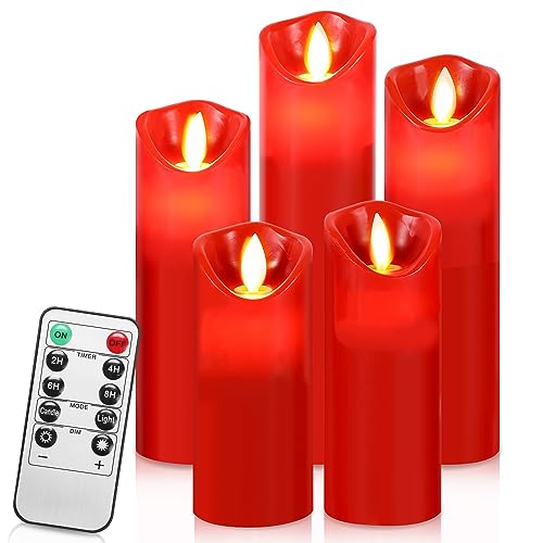 Randaco Led Kerzen mit Timerfunktion | Led Kerzen Flackernde Echtwachs mit 10-Tasten Fernbedienung |5er Set 13/14/16/18/20CM Flammenlose-Kerzen, Led-Kerzen (Rot) von Randaco