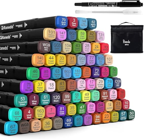 Alkohol Marker, 80 Farbige Marker Stifte Set, Permanent Twin Marker Set, mit 2 Bonus-Stiften und Tragetasche für Kinder, Erwachsene, Malen, Malen, Skizzieren Alkohol Marker, 80 Farbige Marker Stifte Set, Permanent Twin Marker Set, mit 2 Bonus-Stiften und Tragetasche für Kinder, Erwachsene, Malen, Malen, Skizzieren von Ranedo
