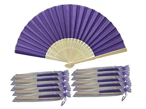 Fächer aus Seide, 10 Stück Großhandel mit Bambusrippen für Hochzeiten, Partygeschenke violett von Rangebow