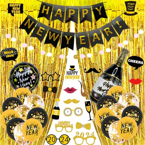 Stilvolle 2024 Neujahr Deko Set Festlich Schwarz und Gold Party Latex Ballon Silvester Feier Party Zubehör Super Cool Party von Ranuw