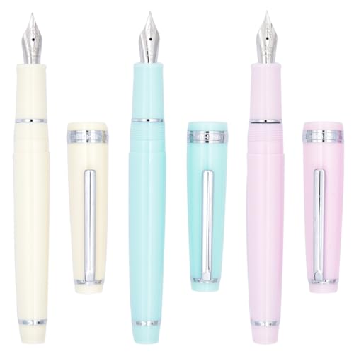 Ranvi 3 Stück Jinhao 82 Acryl-Füllfederhalter, feine Iridium-Feder mit Tintenkonverter, weiß, blau und rosa, klassisches Design, glatter Schreibstift (silberner Rand) von Ranvi