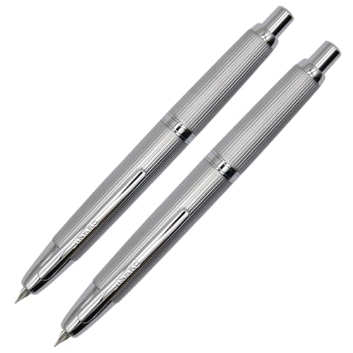 Ranvi Jinhao Füllfederhalter mit 10 Pressen, einziehbarer Metallstift (extra feine Spitze und feine Spitze) mit Tintenkonverter (gestreiftes Silber) von Ranvi