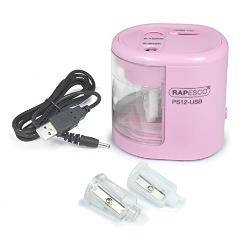 Rapesco 1446 PS12-USB Automatischer/Elektrischer Spitzmaschine, Ladung durch Batterie (nicht enthalten) oder USB, Rosa von Rapesco