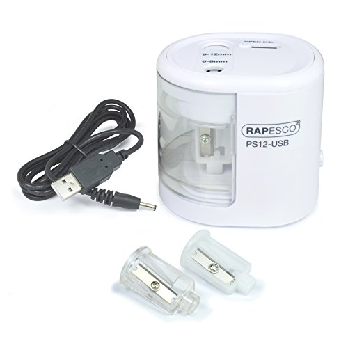 Rapesco 1448 PS12-USB Automatischer/Elektrischer Spitzmaschine, Ladung durch Batterie (nicht enthalten) oder USB, Weiß von Rapesco