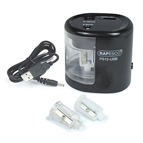 Rapesco 1449 PS12-USB Automatischer/Elektrischer Spitzmaschine, Ladung durch Batterie (nicht enthalten) oder USB, Schwarz von Rapesco