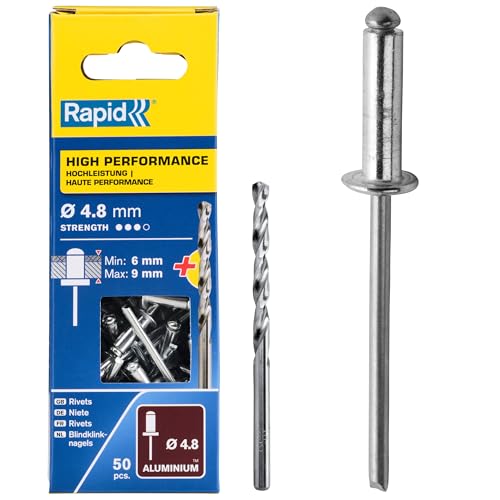 Rapid Blindnieten Aluminium Universal Ø 4,8mm, 6-9mm Klemmbereich, 50 Stk. Nieten, Set inkl. Bohrer, für Blindnietzangen Rapid Blindnieten Aluminium Universal Ø 4,8mm, 6-9mm Klemmbereich, 50 Stk. Nieten, Set inkl. Bohrer, für Blindnietzangen von Rapid