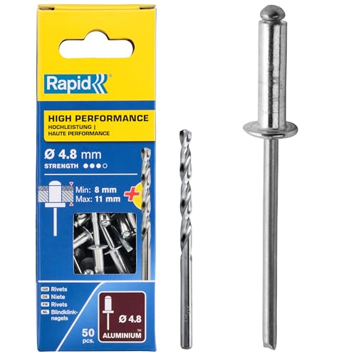 Rapid Blindnieten Aluminium Universal Ø 4,8mm, 8-11mm Klemmbereich, 50 Stk. Nieten, Set inkl. Bohrer, für Blindnietzangen Rapid Blindnieten Aluminium Universal Ø 4,8mm, 8-11mm Klemmbereich, 50 Stk. Nieten, Set inkl. Bohrer, für Blindnietzangen von Rapid