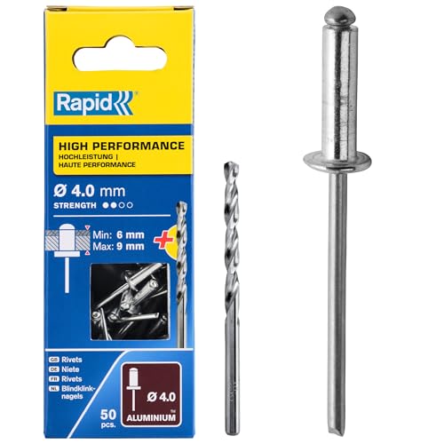 Rapid Blindnieten Aluminium Universal Ø 4mm, 6-9mm Klemmbereich, 50 Stk. Nieten, Set inkl. Bohrer, für Blindnietzangen Rapid Blindnieten Aluminium Universal Ø 4mm, 6-9mm Klemmbereich, 50 Stk. Nieten, Set inkl. Bohrer, für Blindnietzangen von Rapid