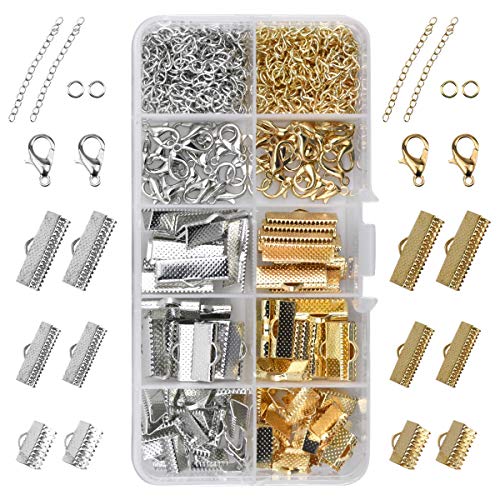 Rapidbok 370 Stück Schmuck Basteln Zubehör, Verschluss Kette Verlängerungskette, Karabinerverschluss Klemmbleche, Kettenverlängerungen Sprung Ringe für DIY Schmuckherstellung, Gold & Silber von Rapidbok