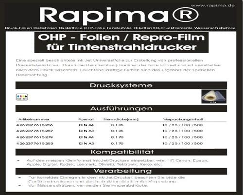 100 OHP-Folien Inkjet DIN A3 leicht milchige Beschichtung – bessere Farbgebung - für Tintenstrahldrucker - PREMIUM Overheadfolien für beste Druck- und Projektions-Qualität von Rapima