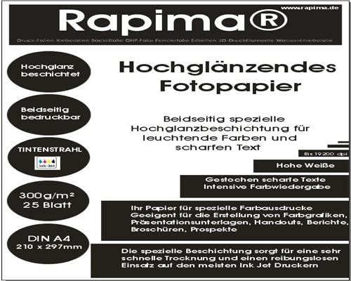 25x A4 Fotopapier hochglänzend 300g /m² Beidseitig Bedruckbar Tinte Inkjet schnell trocknend wasserfest doppelseitig DIN A4 (210x297mm) von Rapima