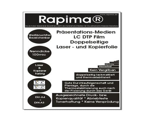 Beidseitige PET-Folie Laserfolie Kopierfolie 117g/m² wasserfest bruchfrei bezeichenbar lackmattiert und thermostabilisiert 0,1mm (100x A3) von Rapima
