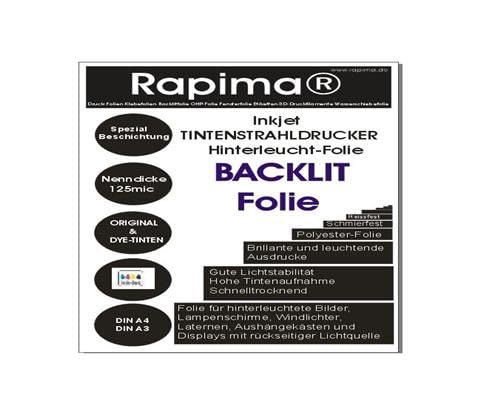 Transparenter Backlight Folie – 155g /m² – 125mic - für Tintenstrahldrucker, Papier Backlight Blätter für LED-Bilderhalter (A3 x 50 Blatt) von Rapima