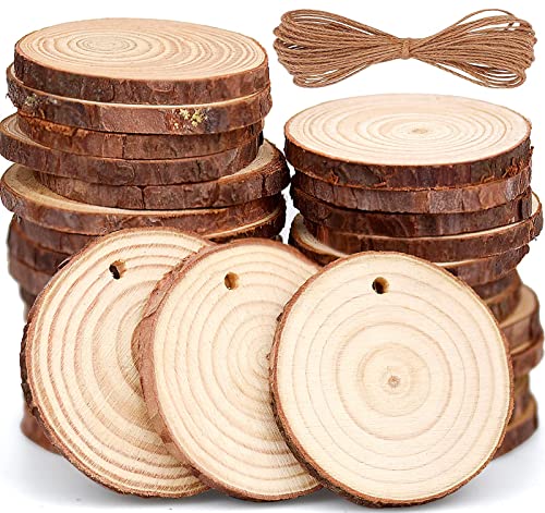 30 Stück dekorative Holzscheiben 6-7 cm rund roh + 10 m natürliches Hanfseil für Weihnachtskarten DIY mit Loch Holz geeignet zum Schnitzen, Zeichnen 30 Stück dekorative Holzscheiben 6-7 cm rund roh + 10 m natürliches Hanfseil für Weihnachtskarten DIY mit Loch Holz geeignet zum Schnitzen, Zeichnen von Rarihem