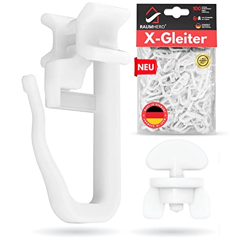 Raumhero® X-Gleiter für Gardinenschienen (Komplettset 100x X-Gleiter inkl. 6X Stopper) - 6mm Standardmaß Gardinengleiter - Gardinenhaken für Schienen - 100% Made in Germany von Raumhero