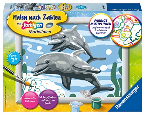 Ravensburger CreArt 28468 - Freundliche Delfine - Malen nach Zahlen für Kinder ab 7 Jahre, Malset mit Rahmen, Pinsel und Acrylfarben, Geschenk für Mädchen und Jungen von Ravensburger
