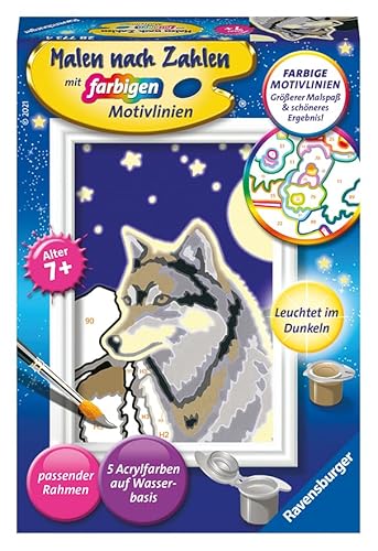 Ravensburger CreArt 28773 - Wolfsportrait - Malen nach Zahlen für Kinder ab 7 Jahre, Malset mit Rahmen, Pinsel und Acrylfarben, Geschenk für Mädchen und Jungen, Leuchtet im Dunkeln Ravensburger CreArt 28773 - Wolfsportrait - Malen nach Zahlen für Kinder ab 7 Jahre, Malset mit Rahmen, Pinsel und Acrylfarben, Geschenk für Mädchen und Jungen, Leuchtet im Dunkeln von Ravensburger