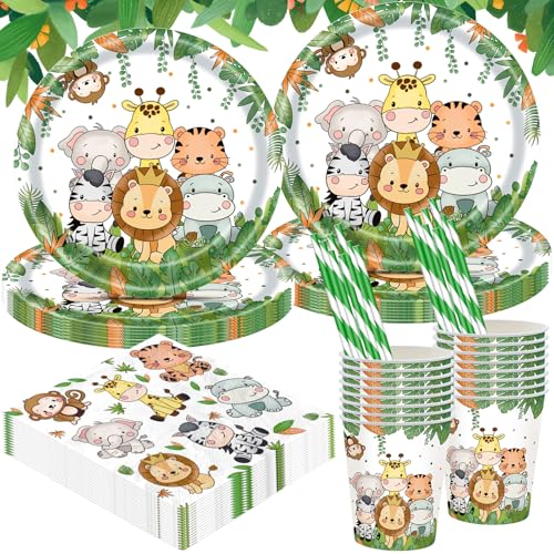 Raxfekro 64 Stück waldtiere Partygeschirr Set, dschungel geburtstag deko, waldtiere party Kindergeburtstag Besteck Enthält Teller, Servietten, Tassen, Strohhalme(für 16 Gäste) von Raxfekro