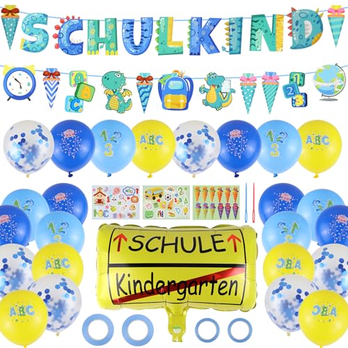 Raxfekro Deko Einschulung Junge, Schulanfang Deko, 2 Fahnen + 22 Luftballons + 1 Konfetti Folienballon + 3 Aufkleber, Alle mit Schulelementen Raxfekro Deko Einschulung Junge, Schulanfang Deko, 2 Fahnen + 22 Luftballons + 1 Konfetti Folienballon + 3 Aufkleber, Alle mit Schulelementen von Raxfekro