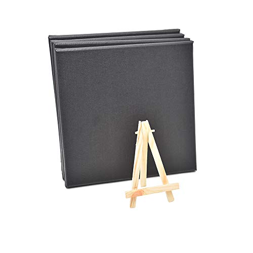 RayLineDo Set aus 4 Stück Mini Artist Schwarzer Leinwandrahmen 8x8 Zoll (20x20 cm) Öl Wasser Malerei Board Flache Leinwand mit 1 Stück Mini Holz Display Staffelei von RayLineDo