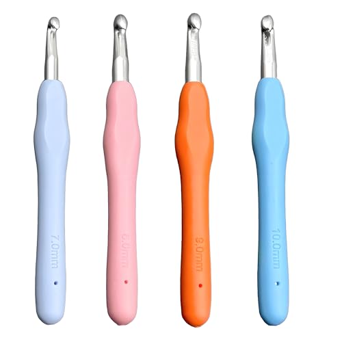 4 Stück Häkelnadel, 4 Größen Häkelnadel Set 7mm, 8mm, 9mm, 10mm mit Bunte Silikongriff 14 cm, Häkelnadel Groß Häkelnadeln set für Anfänger und Häkelliebhaber von Rayconup