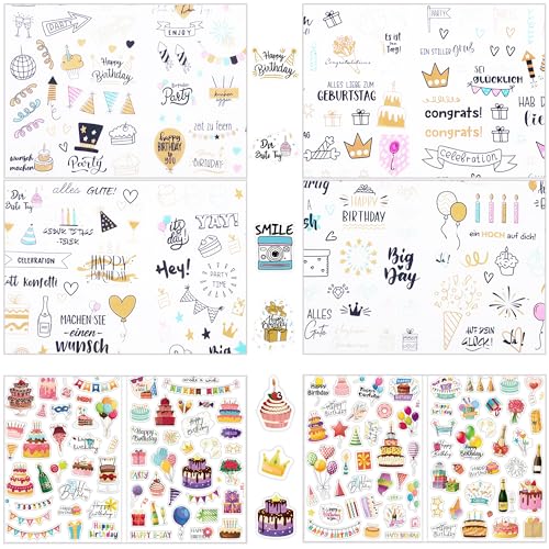 Sticker Geburtstag (352 Motive), 8 Bögen Aufkleber für Gästebuch & Fotoalbum, Selbstklebende Geburtstagssticker für Erwachsene & Kinder von Rayconup