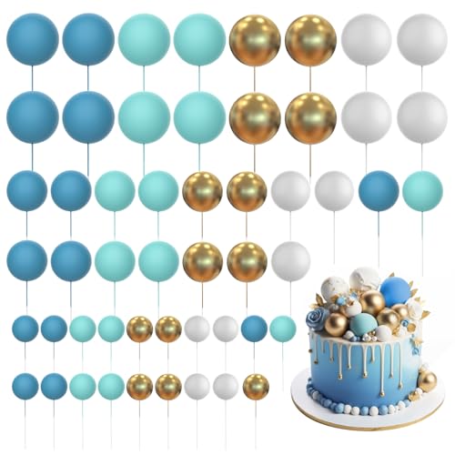 60 PCS Tortendeko Kugel,Torten Deko,Cake Topper Dekorationen DIY Mini Ballon Cupcake Einsatz für Geburtstag Party Baby Dusche Hochzeit Weihnachten(Blau Weiß Gold) von Raye