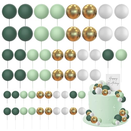 60 PCS Tortendeko Kugel,Torten Deko,Cake Topper Dekorationen DIY Mini Ballon Cupcake Einsatz für Geburtstag Party Baby Dusche Hochzeit Weihnachten(Grün Gold Weiß) von Raye