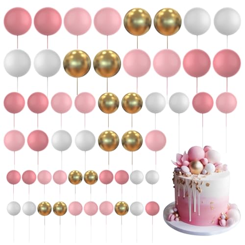 60 PCS Tortendeko Kugel,Torten Deko,Cake Topper Dekorationen DIY Mini Ballon Cupcake Einsatz für Geburtstag Party Baby Dusche Hochzeit Weihnachten(Pink Weiß Gold) von Raye