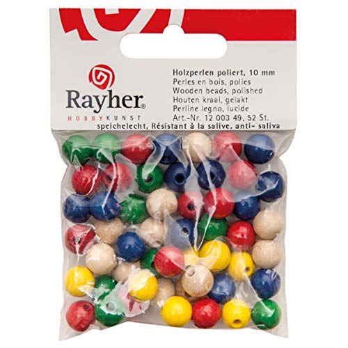 RAYHER HOBBY 1250349 Holz Perlen FSC 100%, poliert, 10mm ø, SB-Btl 52Stück, gemisch von Rayher