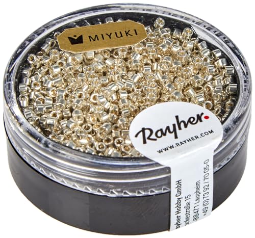 Rayher Hobby Rayher Delica-Rocailles, Miyuki-Rocailles, metallic, silber, 1,6 mm ø, Dose 4 g, Perlen zum Auffädeln, Glasperlen klein, 14760606 von Rayher