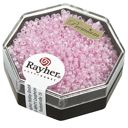 RAYHER 14765258 Delica-Rocailles, 1,6 mm Durchmesser, transparent, Rainbow, Dose 8 g, rosé von Rayher