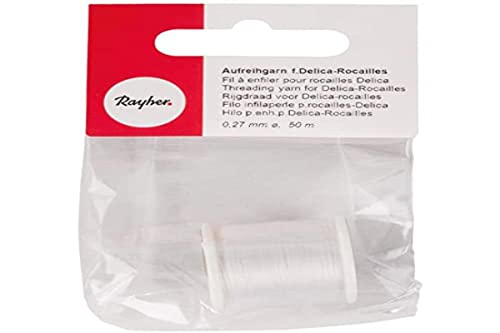 Rayher Hobby Rayher 89300100 Aufreihgarn für Rocailles, schneeweiss, Spule 50 m, Stärke 0,27 mm ø, ideal für Delica-Rocailles 1,6 mm, Perlenaufreihgarn 100 % Nylon, extrem dünn und reißfest von Rayher