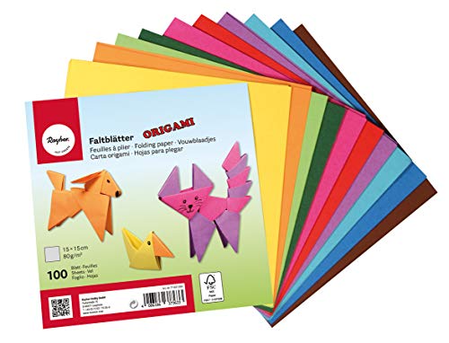 RAYHER HOBBY 71831000 Origami Faltblätter, 100 Blatt sortiert, 10 Farben beidseitig, Basistöne, Bastel Faltpapier für Kinder und Erwachsene, 15 x 15 cm, 80g/m2 von Rayher