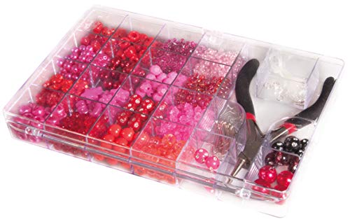 Rayher 14797264 Perlen-Box mit Zange, 20 x 13,5 cm, Inhalt 180 g, Rosé-/Pink-/Rottöne, Farb- und Größenmix, Perlen zum Auffädeln, Kunststoffperlen, Plastikperlen von Rayher