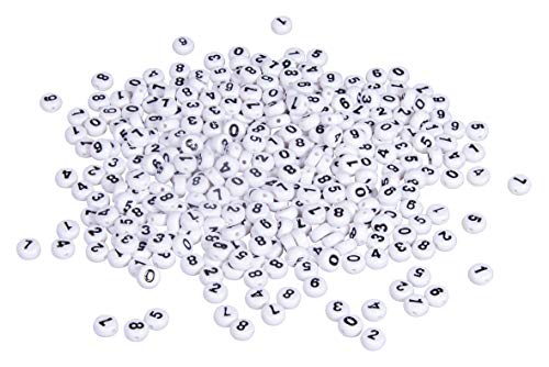 Rayher 16056102 Plastik-Zahlen-Perlen, weiß, rund, 6 mm ø, beidseitig schwarze Zahlen 0-9, 40 g (ca. 350 Stück), Speichel und Schweißecht, Perlen für Schmuck und zum Basteln von Rayher