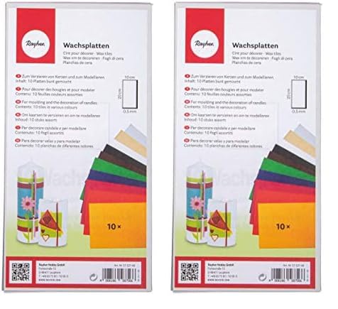 Rayher 3102749 Verzierwachs, Set 10 Verzierwachsplatten, je 20 x 10 cm, Farben Sortiert, Wachs zum Kerzen verzieren, Kerzenwachs, Wachsfolie (Packung mit 2) von Rayher