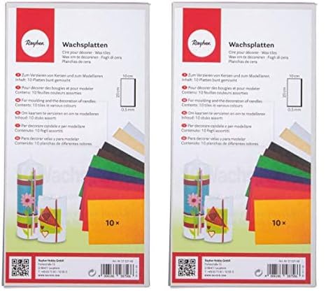 Rayher 3102749 Verzierwachs, Set 10 Verzierwachsplatten, je 20 x 10 cm, Farben Sortiert, Wachs zum Kerzen verzieren, Kerzenwachs, Wachsfolie (Packung mit 2) von Rayher