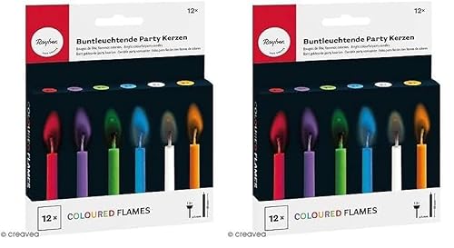 Rayher 31587000 Buntleuchtende Party Kerzen, Länge 5,5 cm, 5 mm ø, Karton 12 farbige Kerzen inklusiv Halter, Partykerzen mit bunter Flamme, Sortiert (Packung mit 2) von Rayher