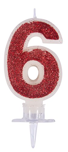 Rayher 31604000 Zahlenkerze 6, rot/glitter, mit Halter, Kuchendekoration für Geburtstage von Rayher