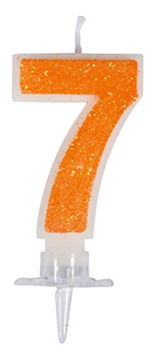 Rayher 31605000 Zahlenkerze 7, orange/glitter, mit Halter, Kuchendekoration für Geburtstage von Rayher