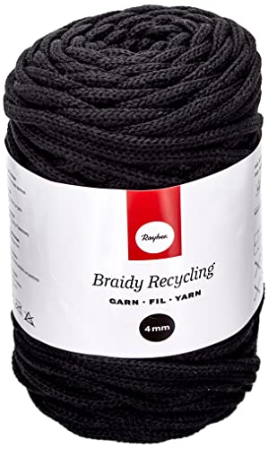 Rayher Braidy Recycling Garn, geflochten, 4 mm Ø, schwarz, 250 g Knäuel, Lauflänge ca. 65 m, Strickgarn, Häkelgarn, Textilgarn, Bastelgarn, 42010576 von Rayher