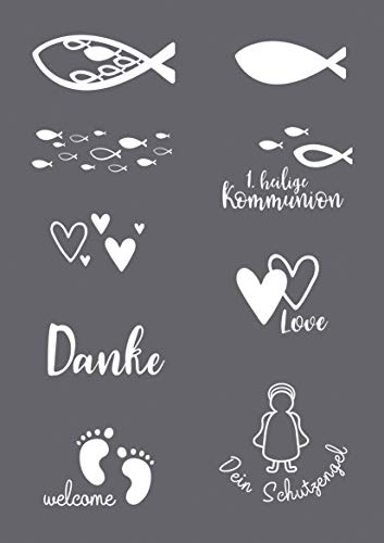 Rayher 45134000 Siebdruck-Schablone Anlass (Geburt, Kommunion, Hochzeit), A5, 1 Schablone mit 9 Motiven + 1 Rakel, für tolle Prints auf Textil, Holz, Beton etc, Farblos von Rayher