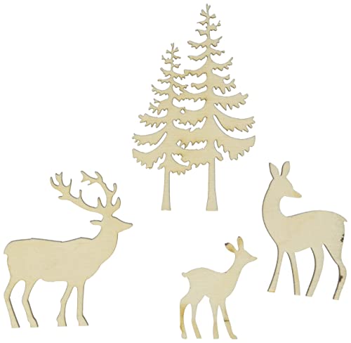 Rayher Holzmotive Hirsch/Reh/Baum, Holz FSC zertifiziert, 4-teilig, 4 – 8 cm, Stärke 5 mm, Streudeko, Holzdeko Weihnachten, 46584505 von Rayher
