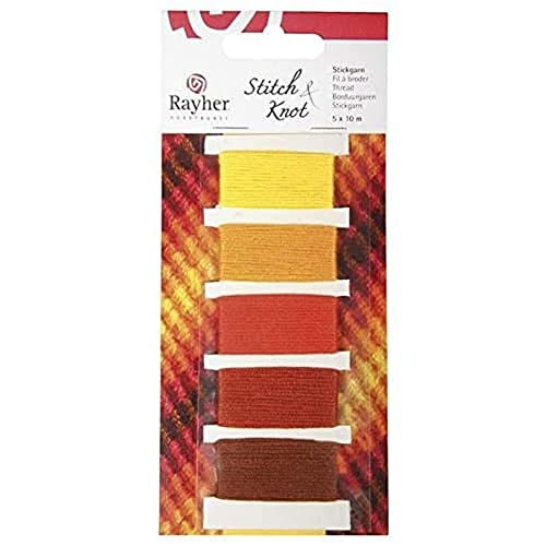 Rayher 53564210 Baumwoll-Garn "Stitch & Knot", Orange/Gelbtöne, 5 Farben je 10 m (50 m), Kreuzstich-Garnset, Stickgarn Set, Knüpfgarn, Garn für Freundschaftsbänder von Rayher